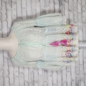 Antica Sartoria Blue Mesh Lace Embroidered Floral Tassel Peasant Top Blouse